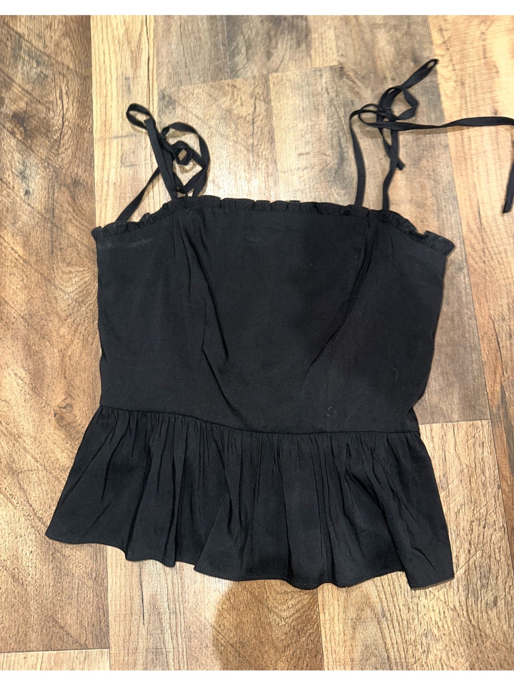 Boutique Black Ruffle-Hem Spaghetti Tie Strap Top